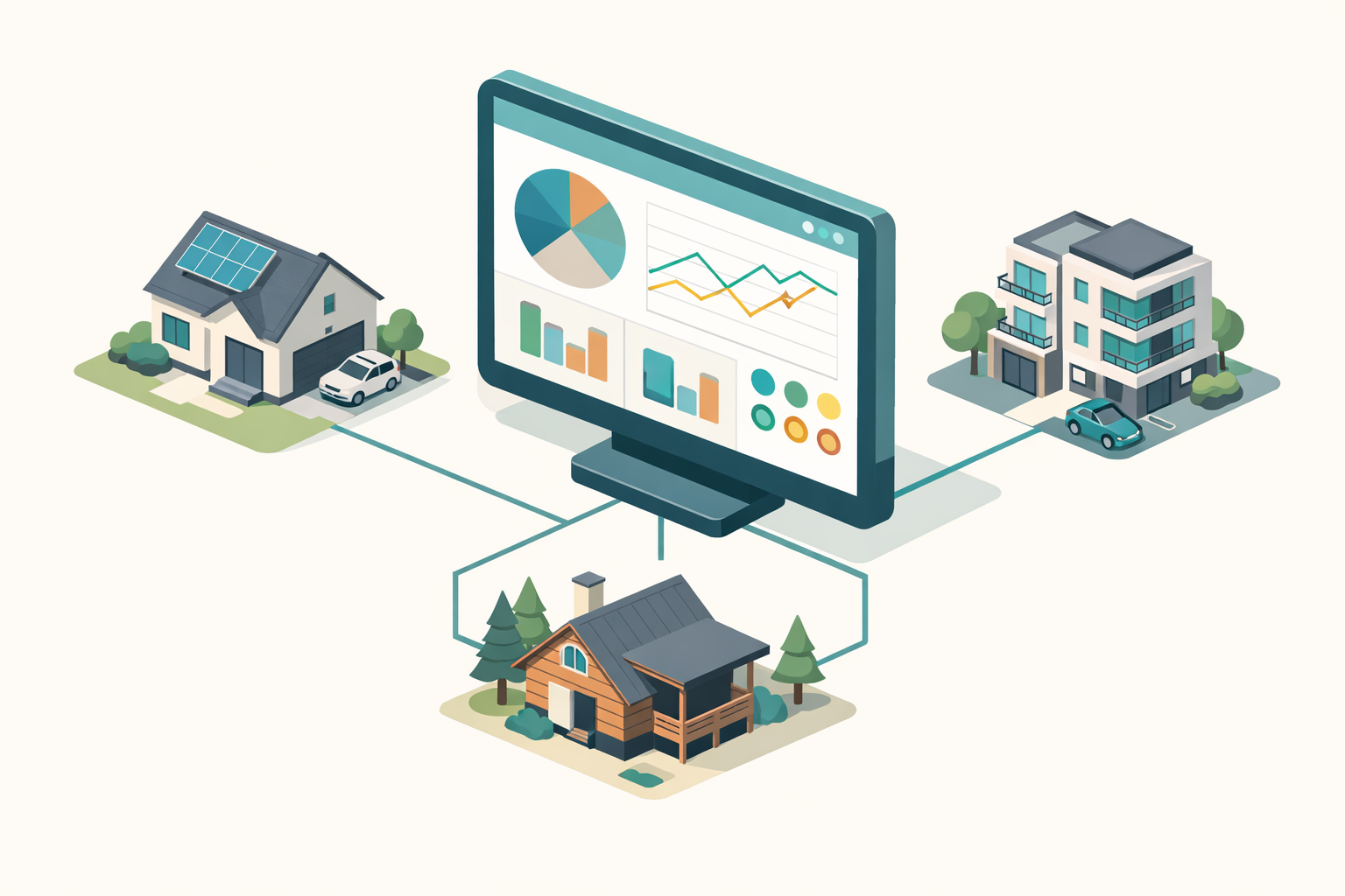 Multi-property dashboard showing multiple homes with system counts, maintenance status, and room-by-room organization