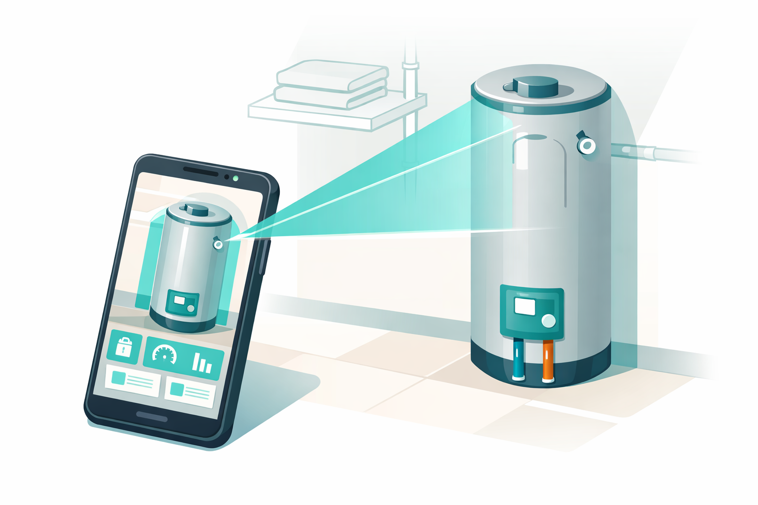 Smartphone camera scanning an appliance label, with AI identification overlay showing detected manufacturer, model number, and system type