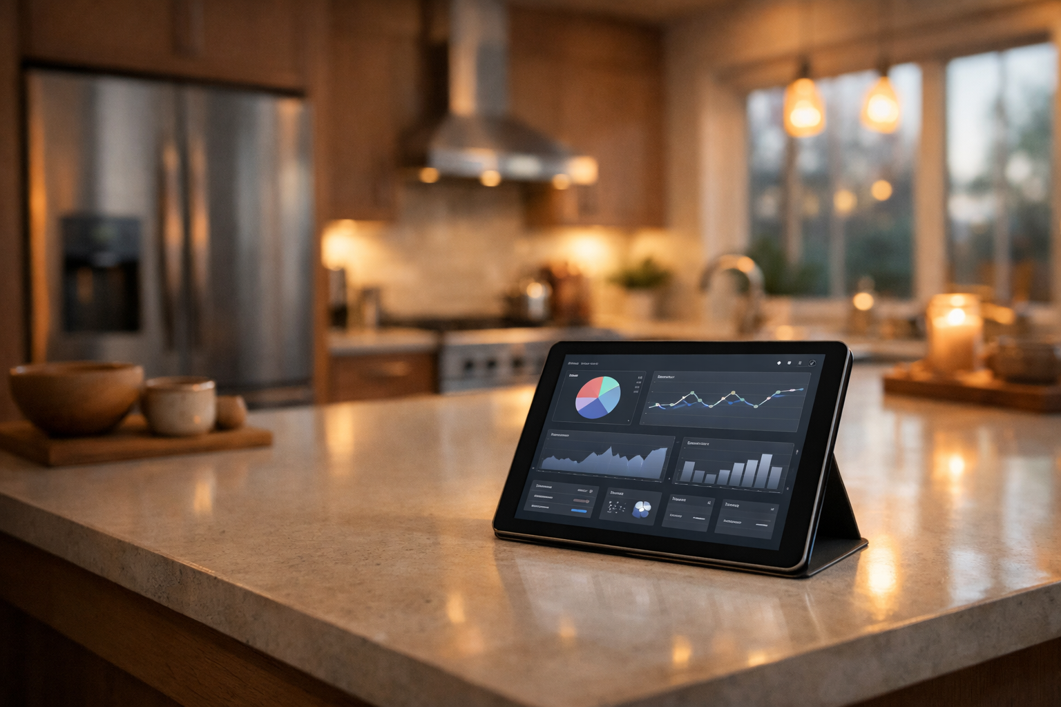Open Home Base dashboard displayed on a tablet in a modern kitchen, showing property management overview with maintenance schedules and system tracking